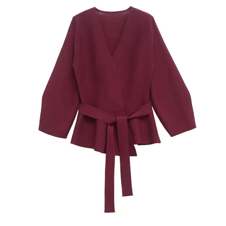 Damen Taillierte Bluse mit Wickelgürtel und Schößchen EB
