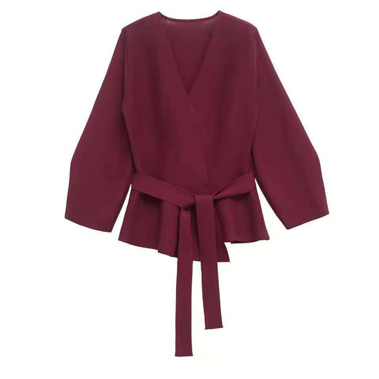 Damen Taillierte Bluse mit Wickelgürtel und Schößchen EB