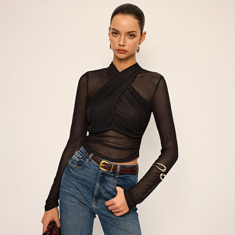 Damen Elegantes Langarm-Top mit Wickel-Design und transparenten Einsätzen EB