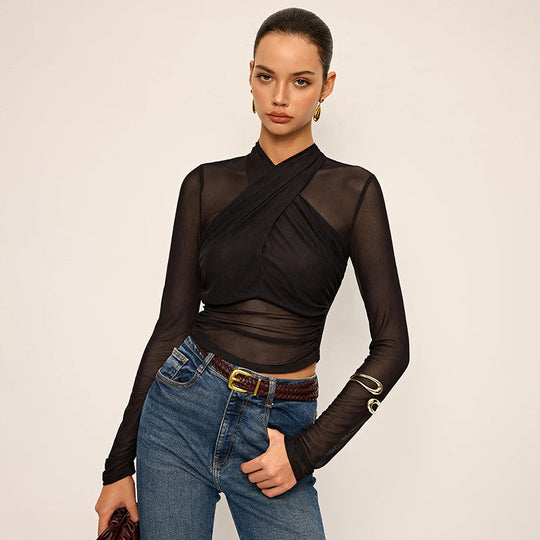 Damen Elegantes Langarm-Top mit Wickel-Design und transparenten Einsätzen EB