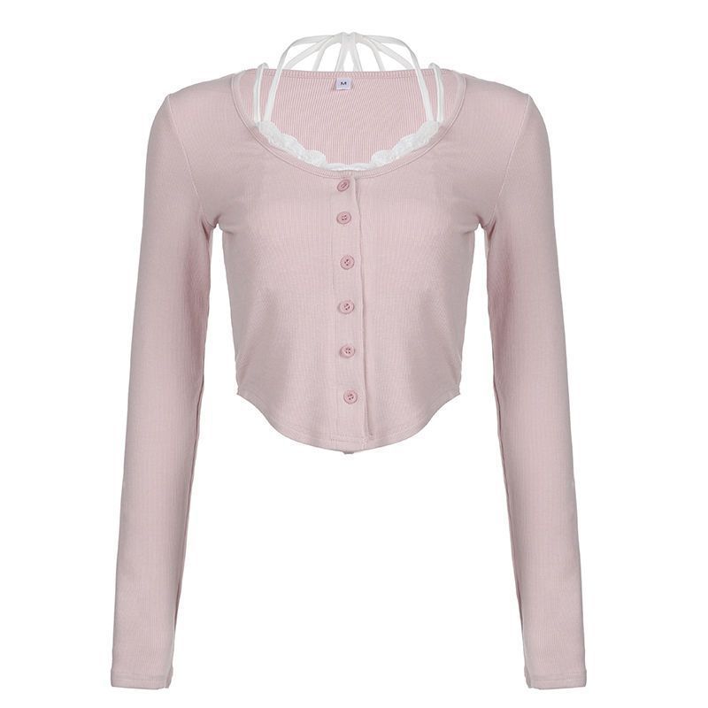 Damen Cropped Langarmshirt mit verspieltem Knopfleisten-Design und raffinierten Trägerdetails EB