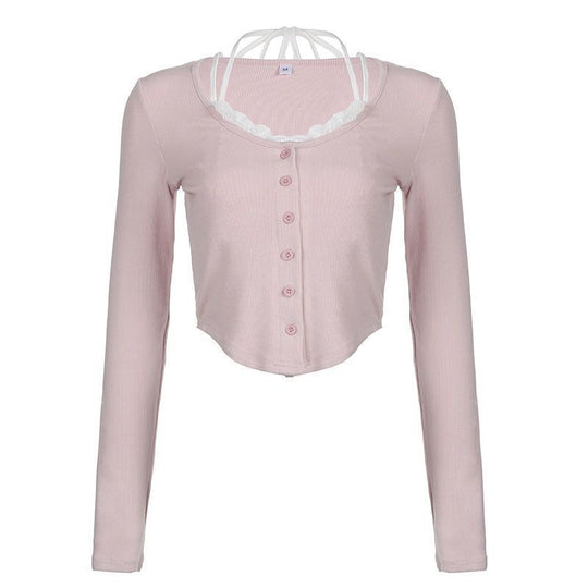 Damen Cropped Langarmshirt mit verspieltem Knopfleisten-Design und raffinierten Trägerdetails EB