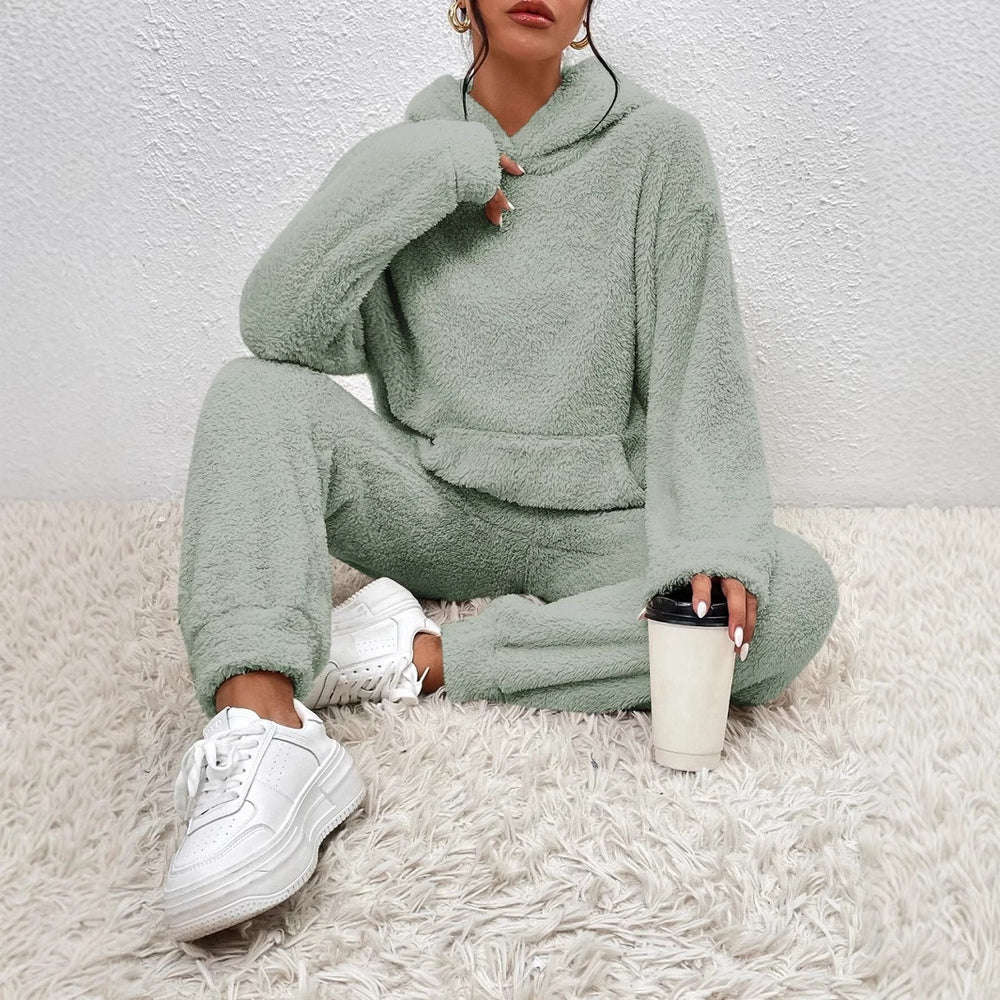 Damen Fleece-Loungewear-Set mit Kapuze und Taschen EB
