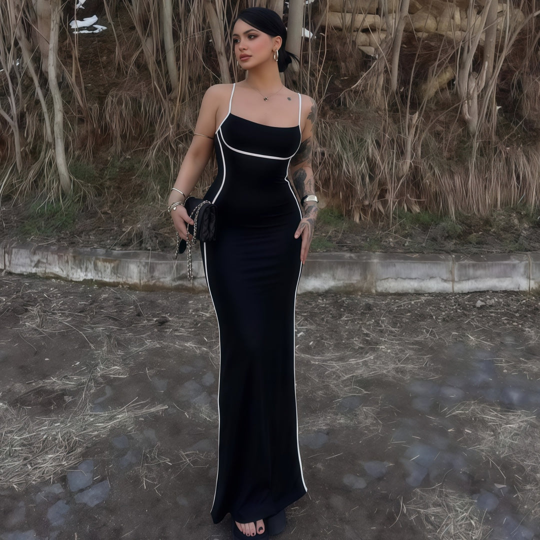 Damen elegantes Maxikleid mit schmalen Trägern und figurformendem Schnitt EB