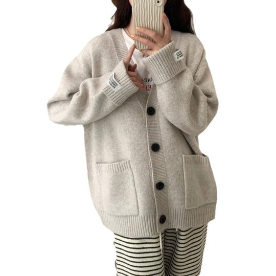Damen Grob gestrickter Cardigan mit großen Taschen und tiefem V-Ausschnitt EB