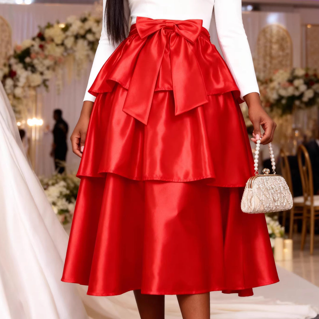 Damen Eleganter voluminöser Rock mit Rüschendetails und Taillengürtel EB