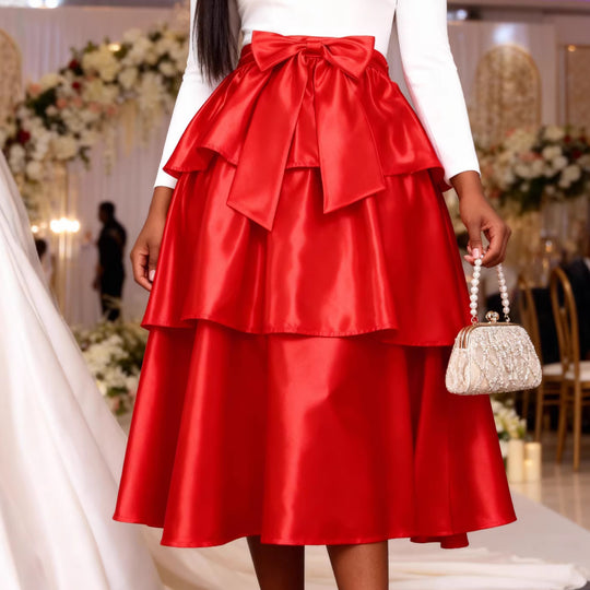 Damen Eleganter voluminöser Rock mit Rüschendetails und Taillengürtel EB