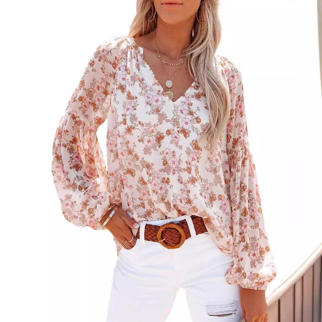 Damen Bluse mit floralen Mustern und V-Ausschnitt EB