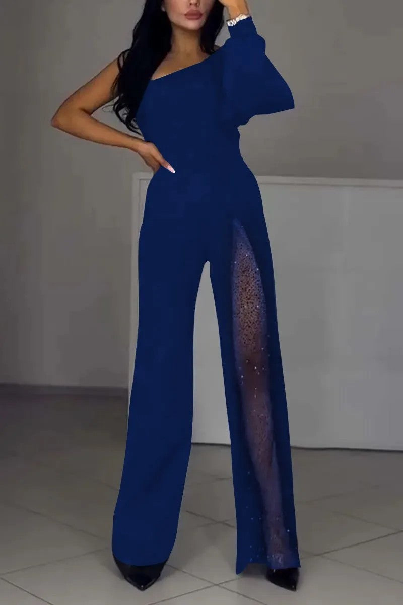 Damen Eleganter Jumpsuit mit transparenten Einsätzen und Pailletten EB