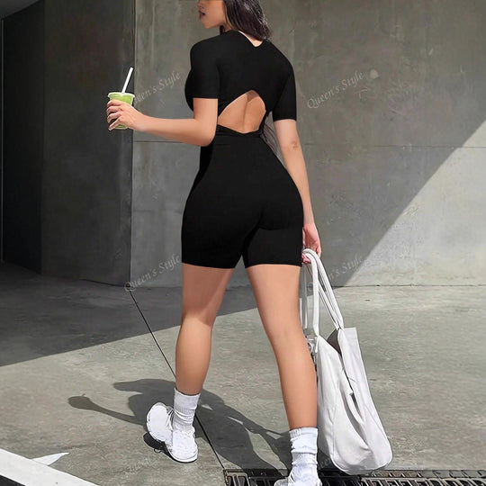 Damen Bodycon Jumpsuit mit kurzem Arm und Reißverschluss EB