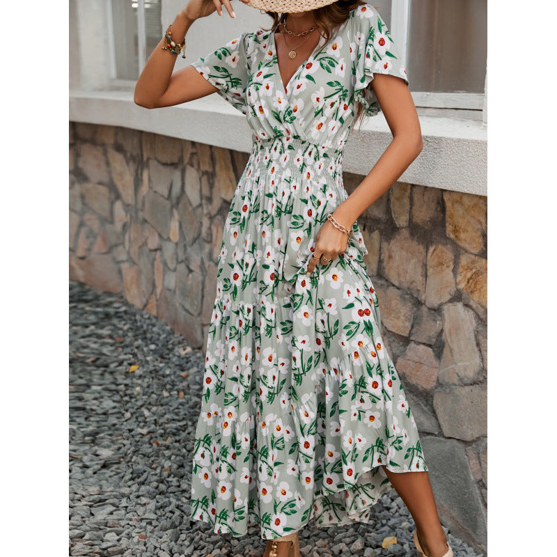 Damen Maxikleid mit floralem Design und elastischem Taillenbund EB