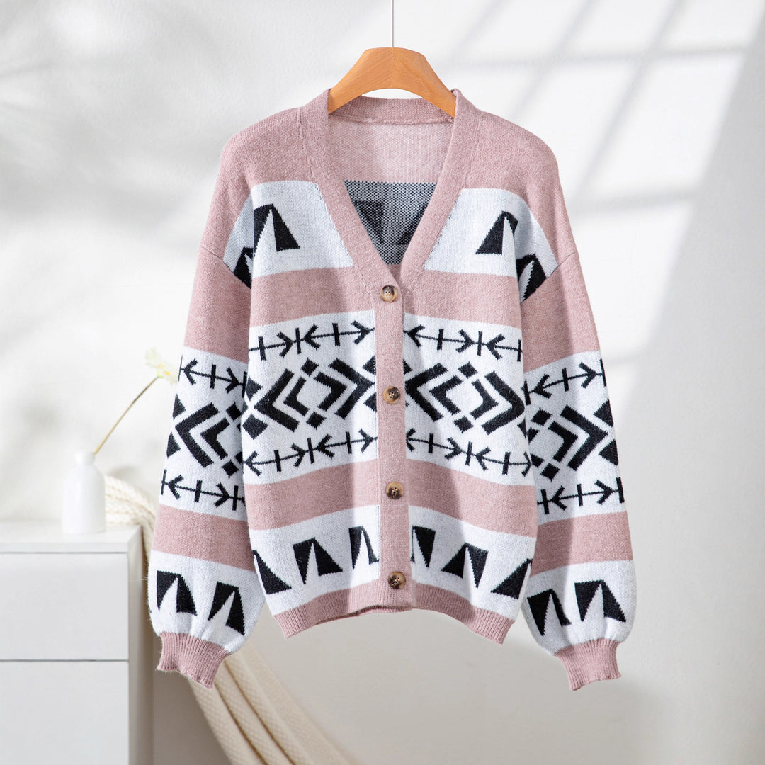 Damen gemütliche Strickjacke mit dekorativem Ethnomuster und offenem Schnitt EB
