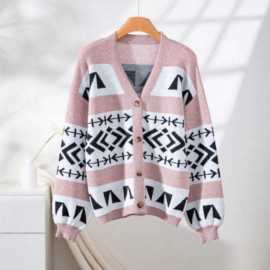 Damen gemütliche Strickjacke mit dekorativem Ethnomuster und offenem Schnitt EB
