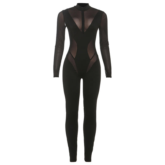 Damen Eleganter Catsuit mit transparenten Einsätzen und hohem Kragen EB