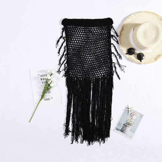 Damen Häkel-Strandponcho mit Fransen und dekorativen Muscheldetails EB