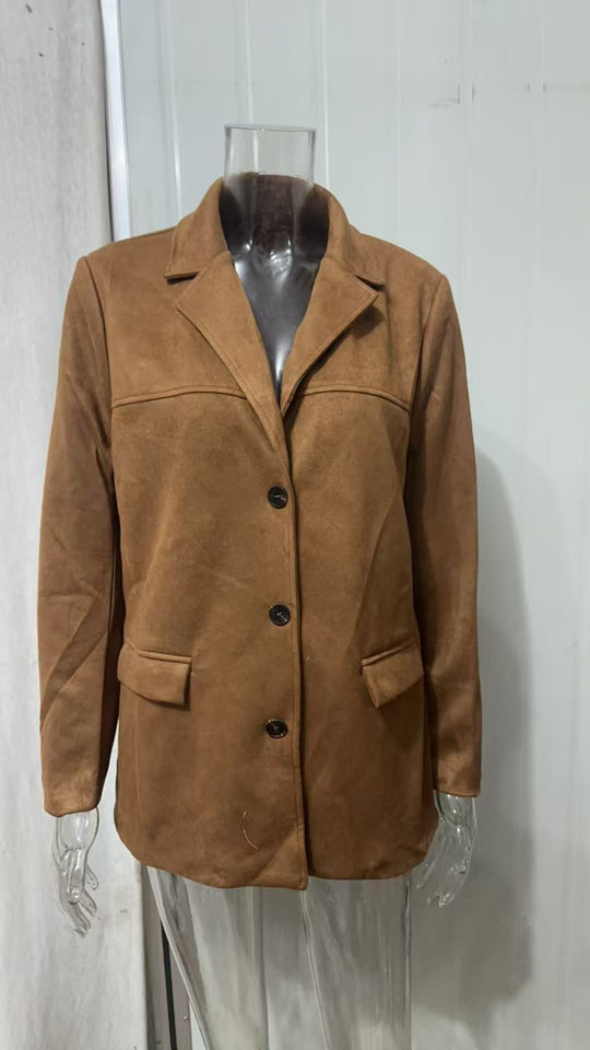Damen nan Oversize Wildlederblazer mit Reverskragen und aufgesetzten Taschen EB
