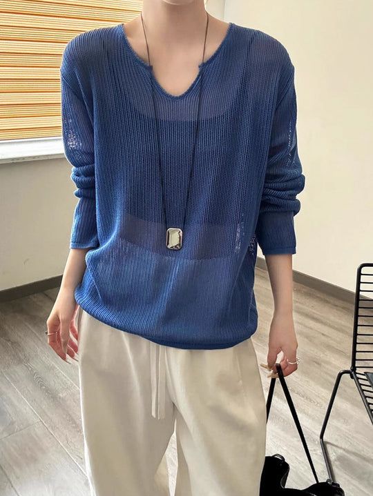 Damen luftiger Strickpullover mit V-Ausschnitt und lässigem Schnitt EB