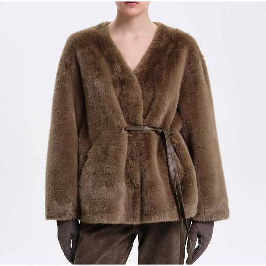 Damen Kuschelige Kunstfelljacke mit Gürtel EB