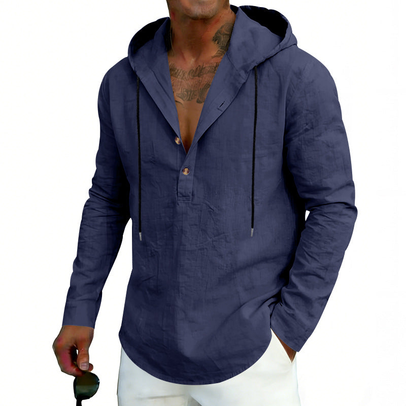 Herren nan Leinen-Henley-Kapuzenhemd mit kurzer Knopfleiste, Kapuze und relaxtem Schnitt EB