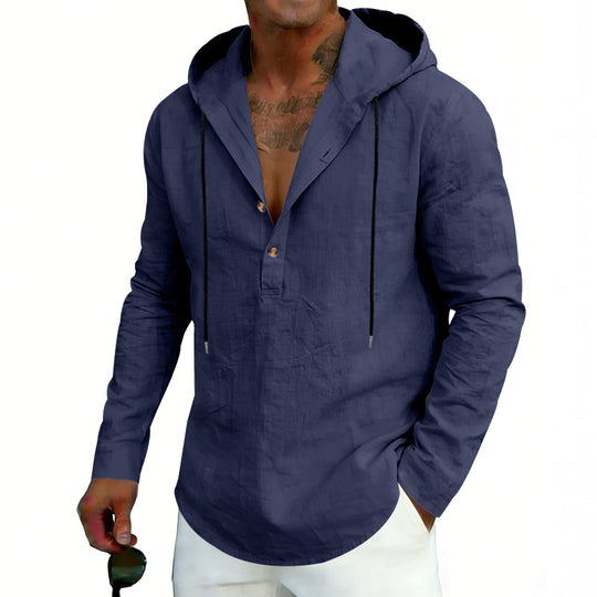 Herren nan Leinen-Henley-Kapuzenhemd mit kurzer Knopfleiste, Kapuze und relaxtem Schnitt EB