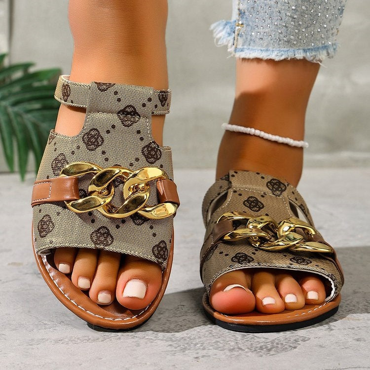 Damen Modische Slides mit dekorativem Ketten-Detail EB