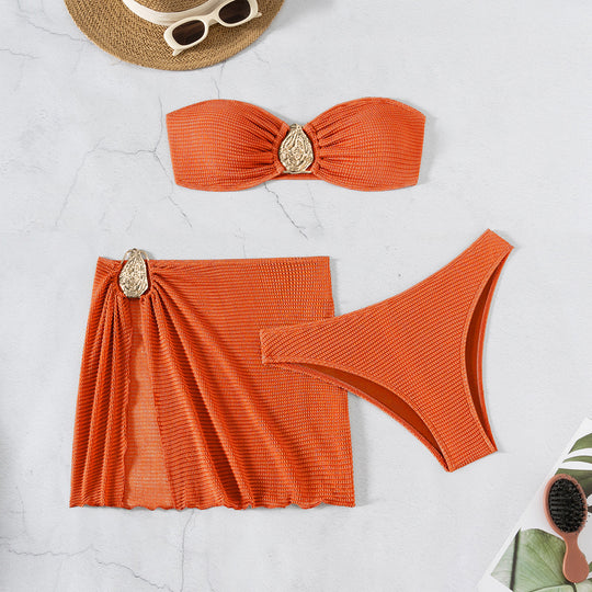 Damen Bandeau-Bikini-Set mit eleganten Falten und dekorativem Verschluss EB