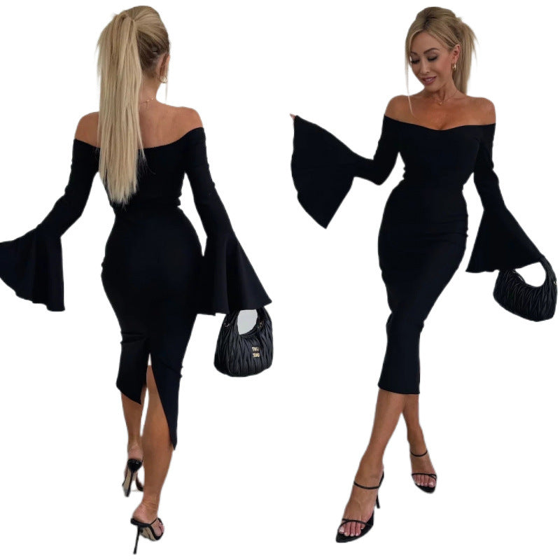 Damen Off-Shoulder Midi Kleid mit weit ausgestellten Ärmeln EB