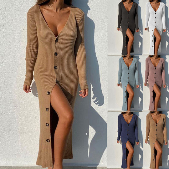 Damen Strickkleid mit Knopfleiste und Schlitzausschnitt EB