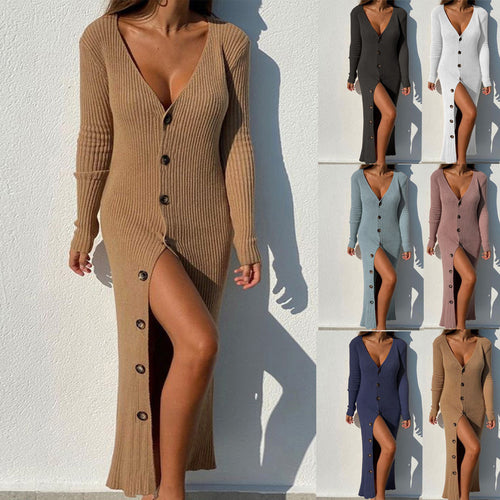 Damen Strickkleid mit Knopfleiste und Schlitzausschnitt EB