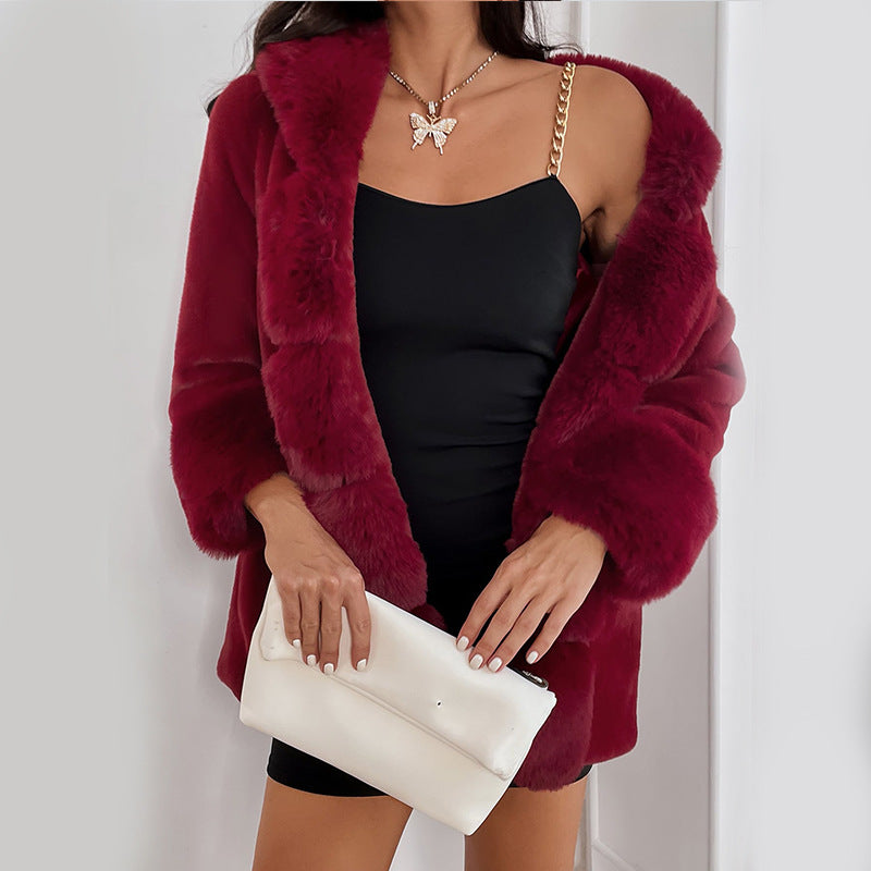 Damen Flauschige Kunstpelzjacke mit Kapuze und dekorativen Details EB