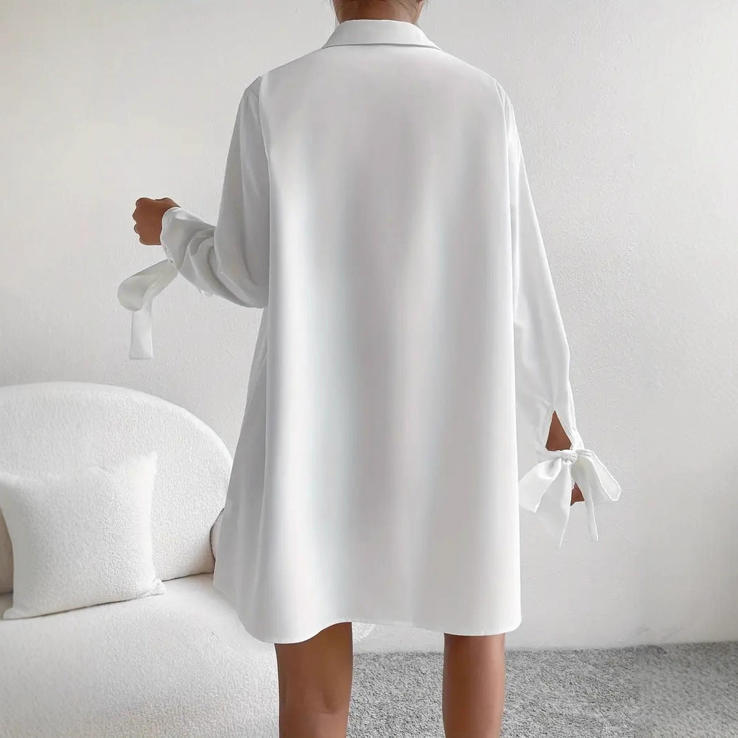 Damen Hemdblusenkleid mit eleganten Bändern an den Ärmeln EB
