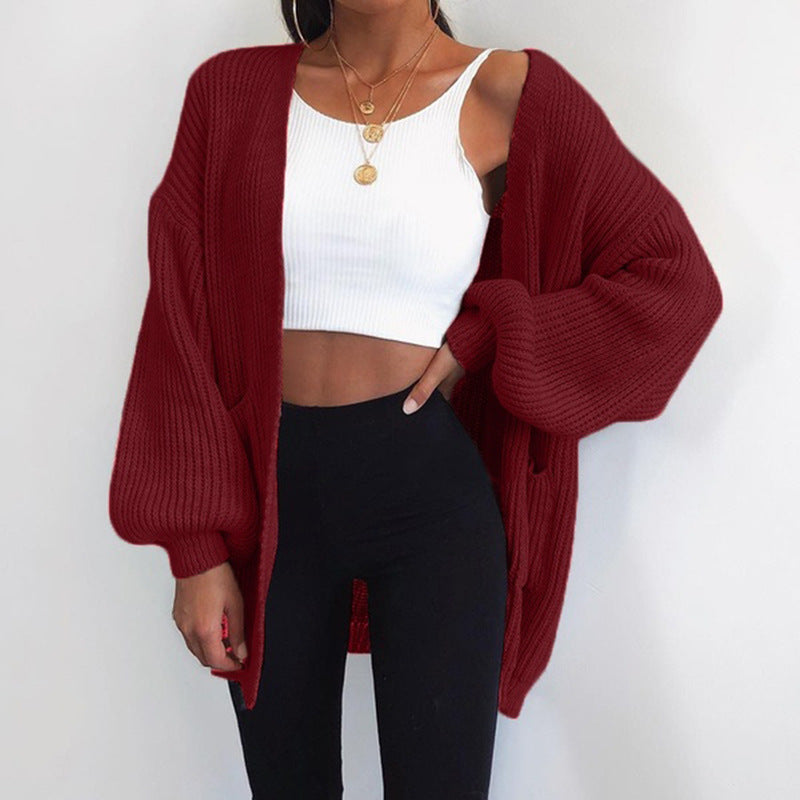 Damen Grober Strickcardigan mit ballonförmigen Ärmeln und lässigem Schnitt EB