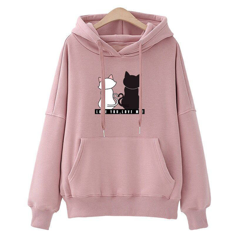 Damen Kapuzenpullover mit Katzen-Print, lockerem Schnitt und Kängurutasche EB