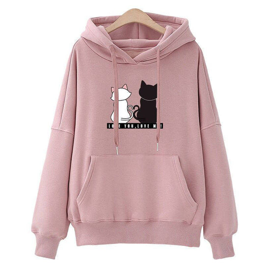Damen Kapuzenpullover mit Katzen-Print, lockerem Schnitt und Kängurutasche EB