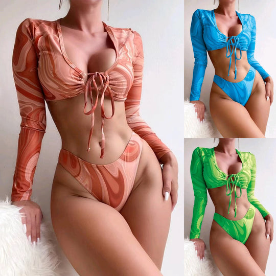 Damen Surf-Bikini-Set mit langärmligem Crop-Top und hochgeschnittenen Unterteilen EB