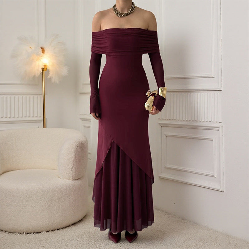 Damen elegantes schulterfreies Maxikleid mit raffiniertem Rüschenoberteil und asymmetrischem Saum EB