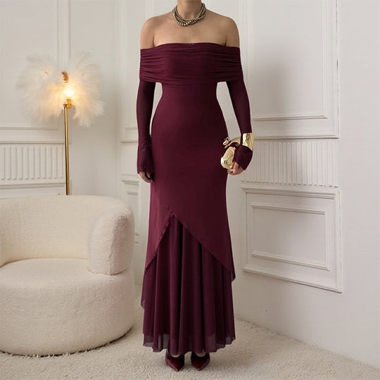 Damen elegantes schulterfreies Maxikleid mit raffiniertem Rüschenoberteil und asymmetrischem Saum EB