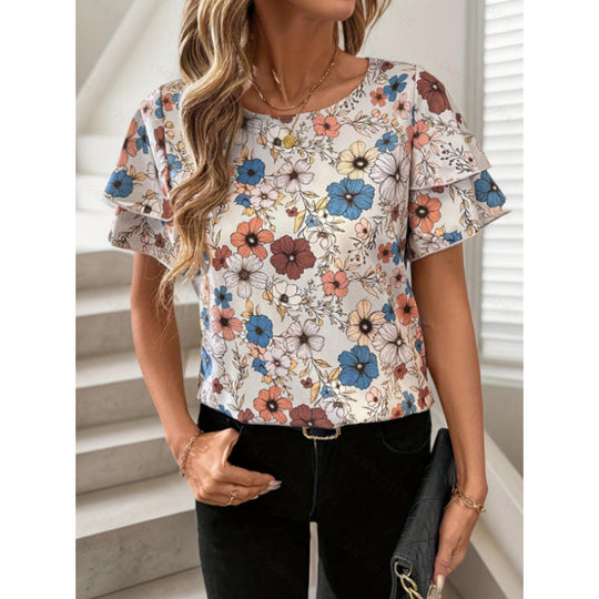 Damen Kurzarm-Bluse mit Volant und floralem Muster EB