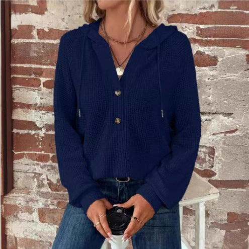Damen lässiger Kapuzenpullover mit Knopfdetails und strukturiertem Gewebe EB