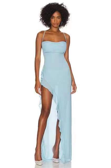 Damen elegantes Maxi-Kleid mit verführerischem Scherenschnitt und trägerlosem Design EB