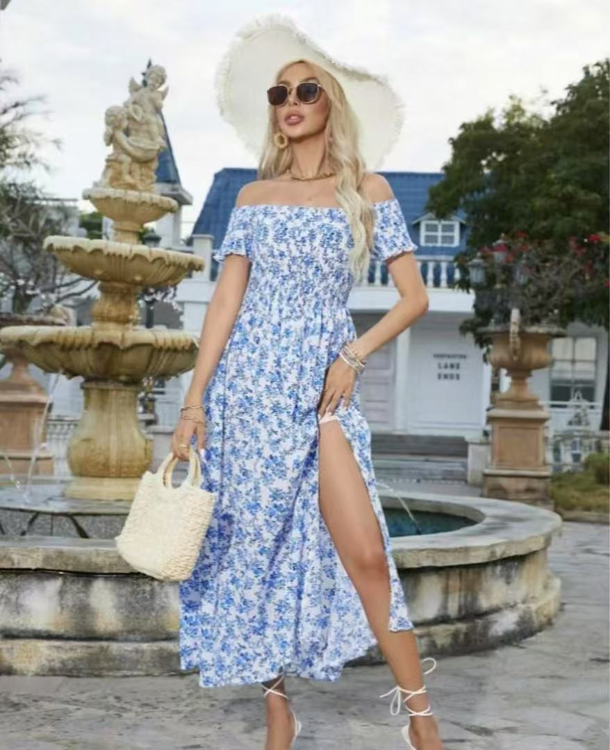 Damen luftiges Maxikleid mit schulterfreien Ärmeln und floralem Muster EB