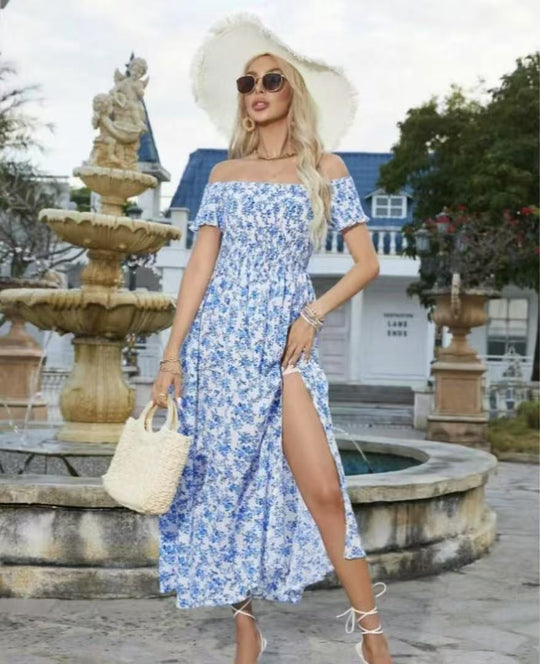 Damen luftiges Maxikleid mit schulterfreien Ärmeln und floralem Muster EB