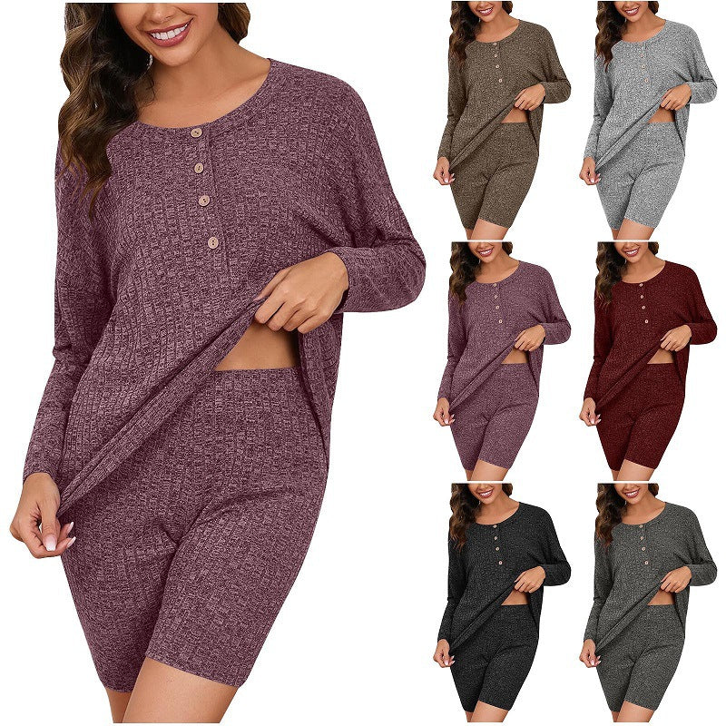 Damen Komfortables Lounge-Set mit langärmligem Oberteil und Shorts EB