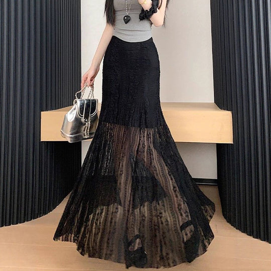 Damen Eleganter Maxi-Rock mit transparenter Spitze und Falten EB