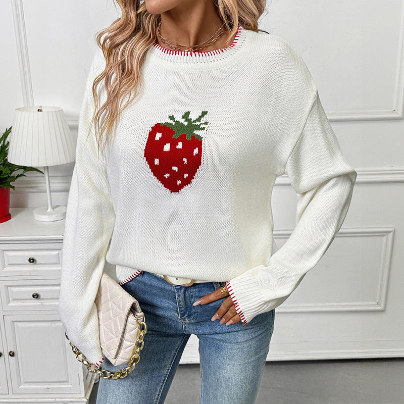 Damen Strickpullover mit fruchtigem Erdbeer-Motiv und lässigem Schnitt EB