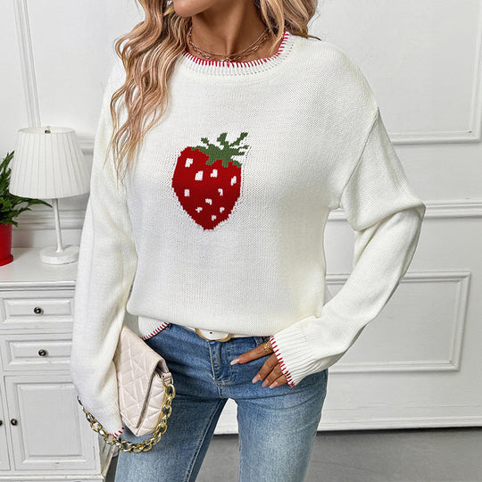 Damen Strickpullover mit fruchtigem Erdbeer-Motiv und lässigem Schnitt EB