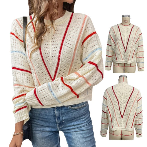 Damen Strickpullover mit großzügiger Lochmusterstruktur und farbigen Akzenten EB
