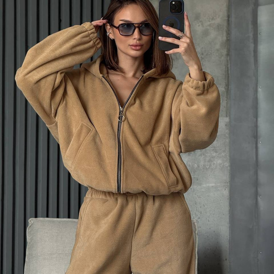 Damen Plüsch-Loungewear-Set mit Reißverschluss-Kapuzenjacke und taillenhoher Jogginghose EB