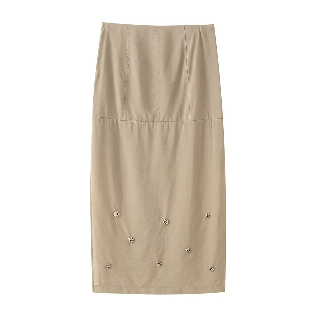 Damen eleganter Midirock mit floralen Applikationen EB