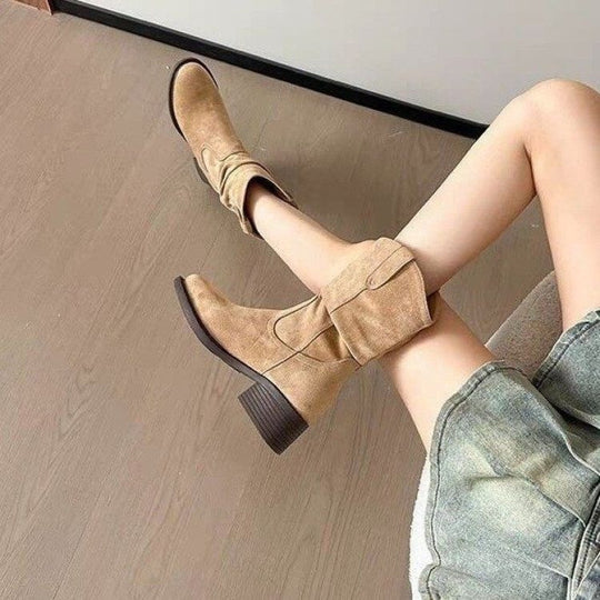 Damen Stiefeletten mit lässigem Falten-Design und komfortablem Blockabsatz EB